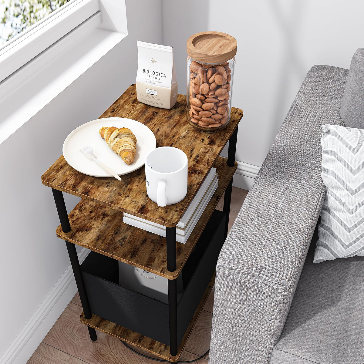Newmics Small Side Table with Charging Station, Set of 2 End Table for Small Spaces, Slim Nightstand with Outlet,Sofa Beside Table,Living Room, Bed Room, Rustic Brown