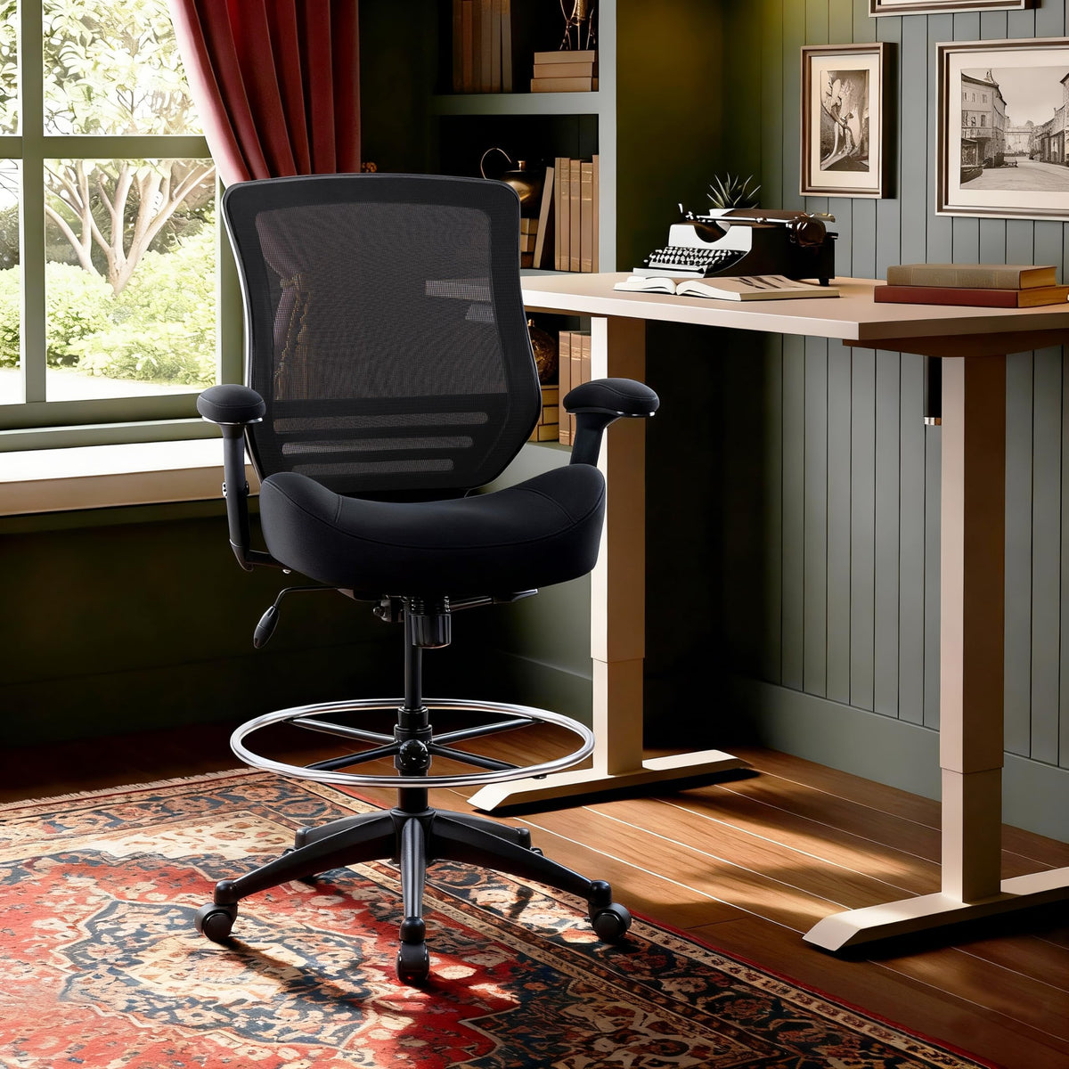 BOLISS 400lbs Mid Back Mesh Ergonomic Drafting Chair for Standing Desk Office Wide Chair Built-in Lumbar Support Big Adjustable Foot Ring Height Adjustable Armrest (Black)
