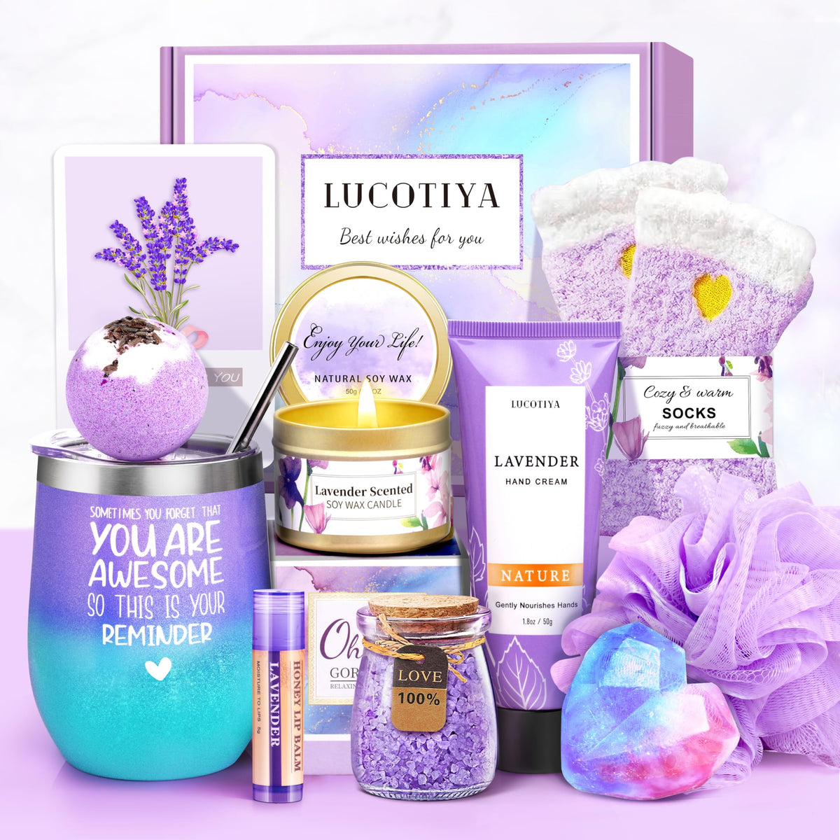 LUCOTIYA Birthday Gifts for Women, Gift Basket for Women Wine Tumbler Self Care Package Gifts for Women, Mom, Bestie, Her, Sister, Wife, Auntie, Thank You Gifts for Women, AM6ZL
