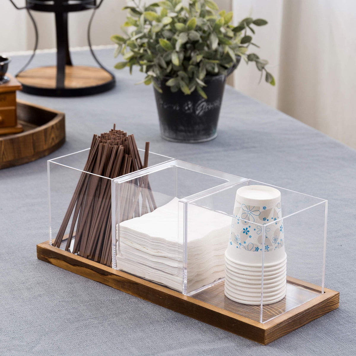MyGift Modern Modular Coffee and Tea Station Organizer with 3 Removable Premium Clear Acrylic Compartments and Rustic Burnt Solid Wood Decorative Tray, 4 Piece Set