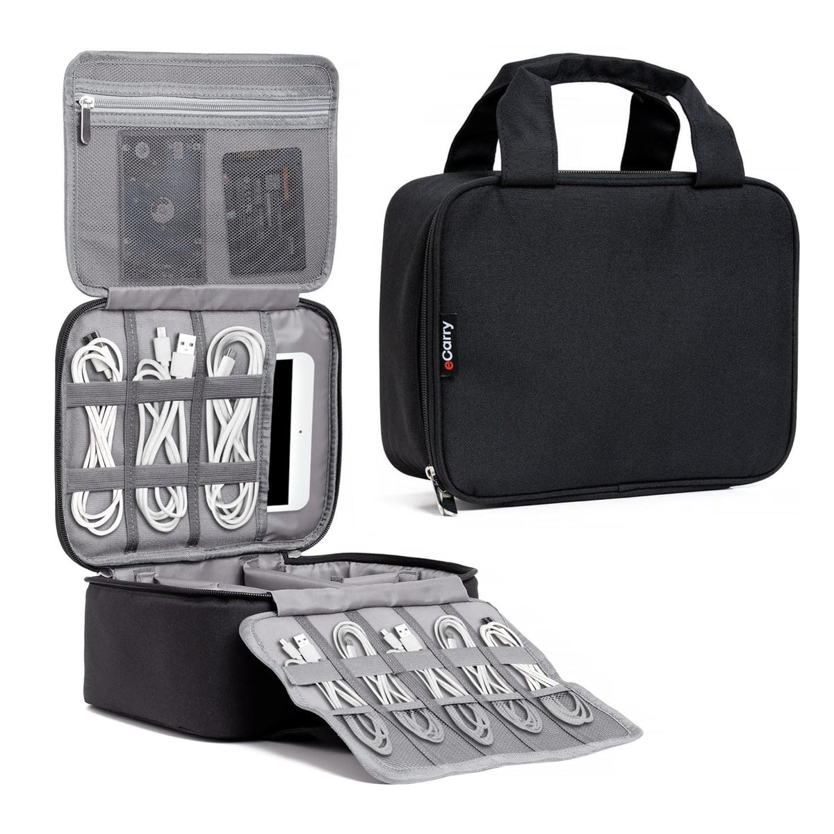 eCarry Electronics Organizer Case - Multi-Layer Full Flat Opening With Compartments and Pockets - Cord Organizer for Accessories, Cables, Electronics Travel