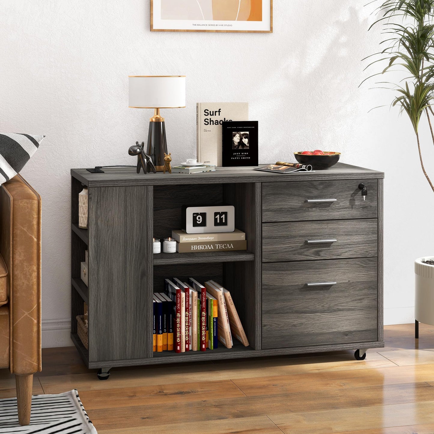 DWVO File Cabinet with Charging Station, 3 Drawer Mobile Filing Cabinet with Lock, Printer Stand with Open Storage Shelf for Home Office, Grey