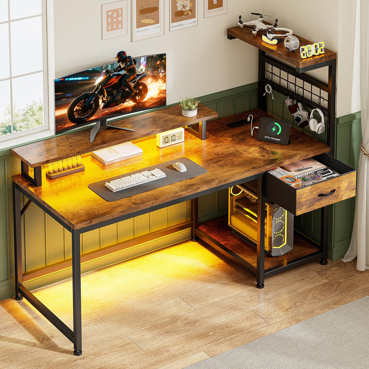 EnHomee 48" Computer Desk with Power Outlets & LED Lights, Gaming Desk with Drawer & Storage Shelves, Reversible Home Office Desk with Monitor Stand, for Living, Study Room, Gaming Room, Rustic Brown