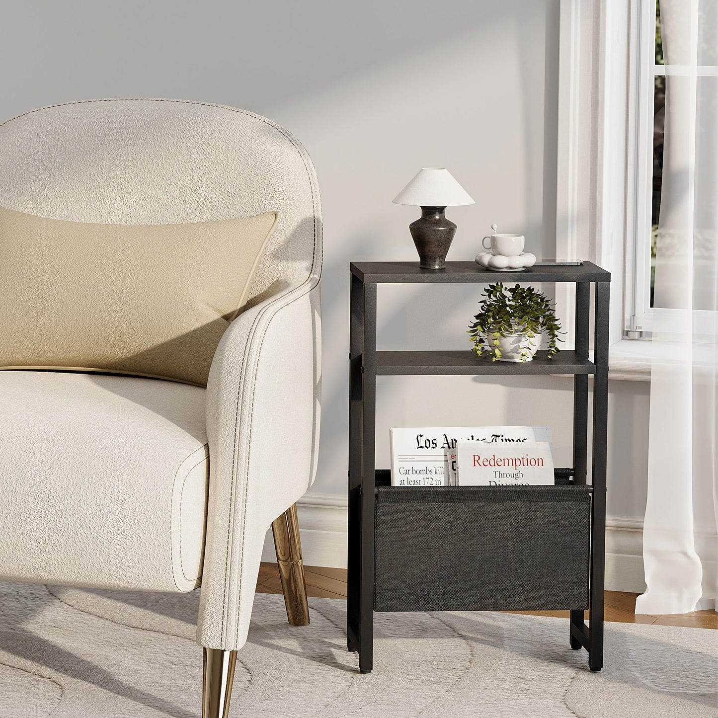 IRCPEN Narrow Side Table, Slim End Table with Magazine Rack, Bedside Table for Small Spaces, 3 Tier Sofa Couch Table Nightstand for Living Room, Bedroom Black LET503B