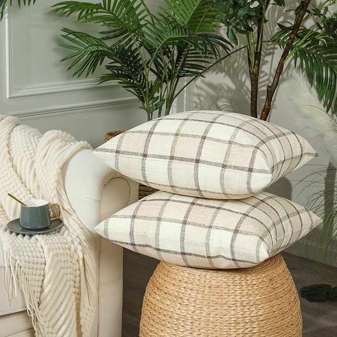 Stellhome Pack of 2 Linen Buffalo Check Decorative Fall Throw Pillow Covers