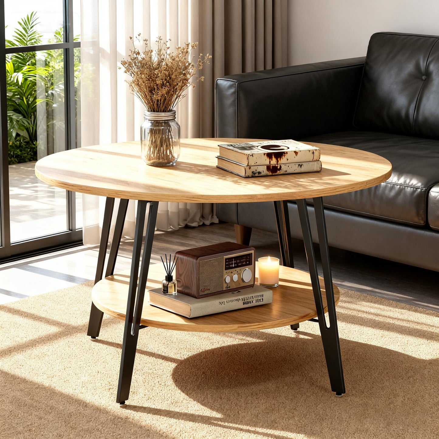 Manora Round Coffee Table with Storage, Small Circle Center Table for Living Room, Modern Wood Coffee Table for Home Office & Small Spaces, Easy Assembly, Oak