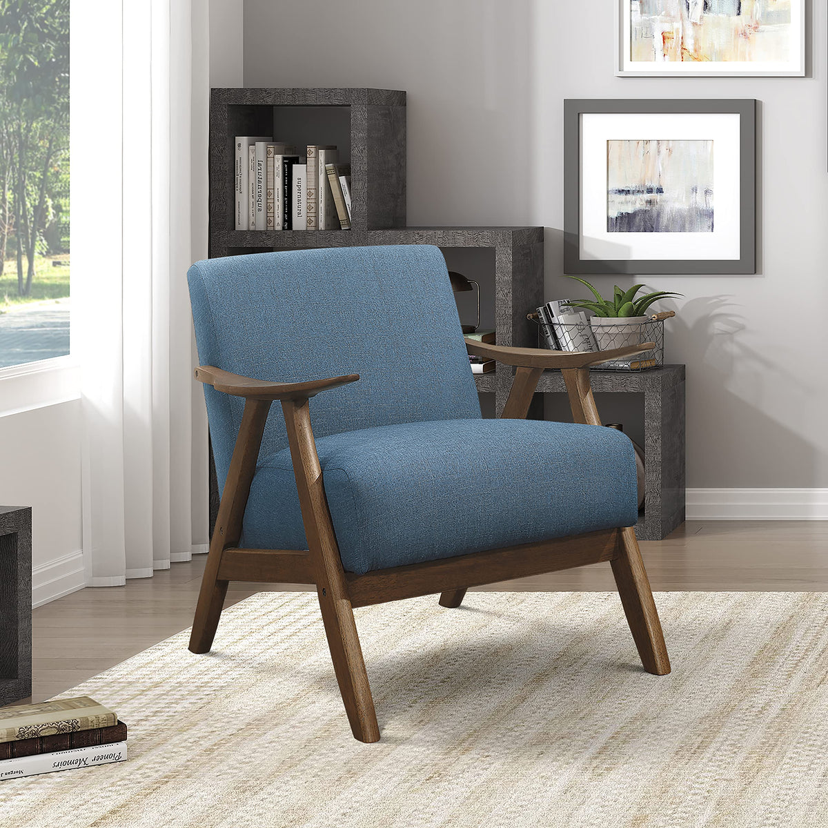 Lexicon Mid Century Modern Accent Chair with Solid Wood Frame in Walnut Finish, Upholstered Living Room Lounge Arm Chair, Thick and Comfy Innerspring Seat Cushion, Linen-Look Fabric, Blue