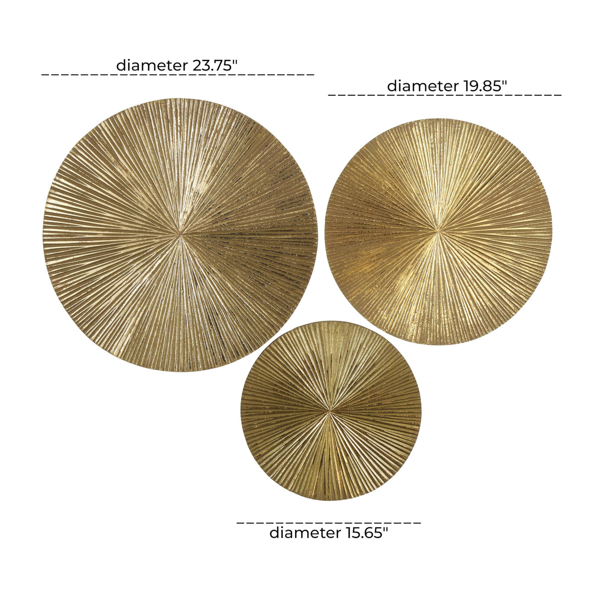 CosmoLiving by Cosmopolitan Wooden Plate Home Wall Decor Carved Radial Wall Sculpture, Set of 3 Wall Art 24", 20", 16"H, Gold