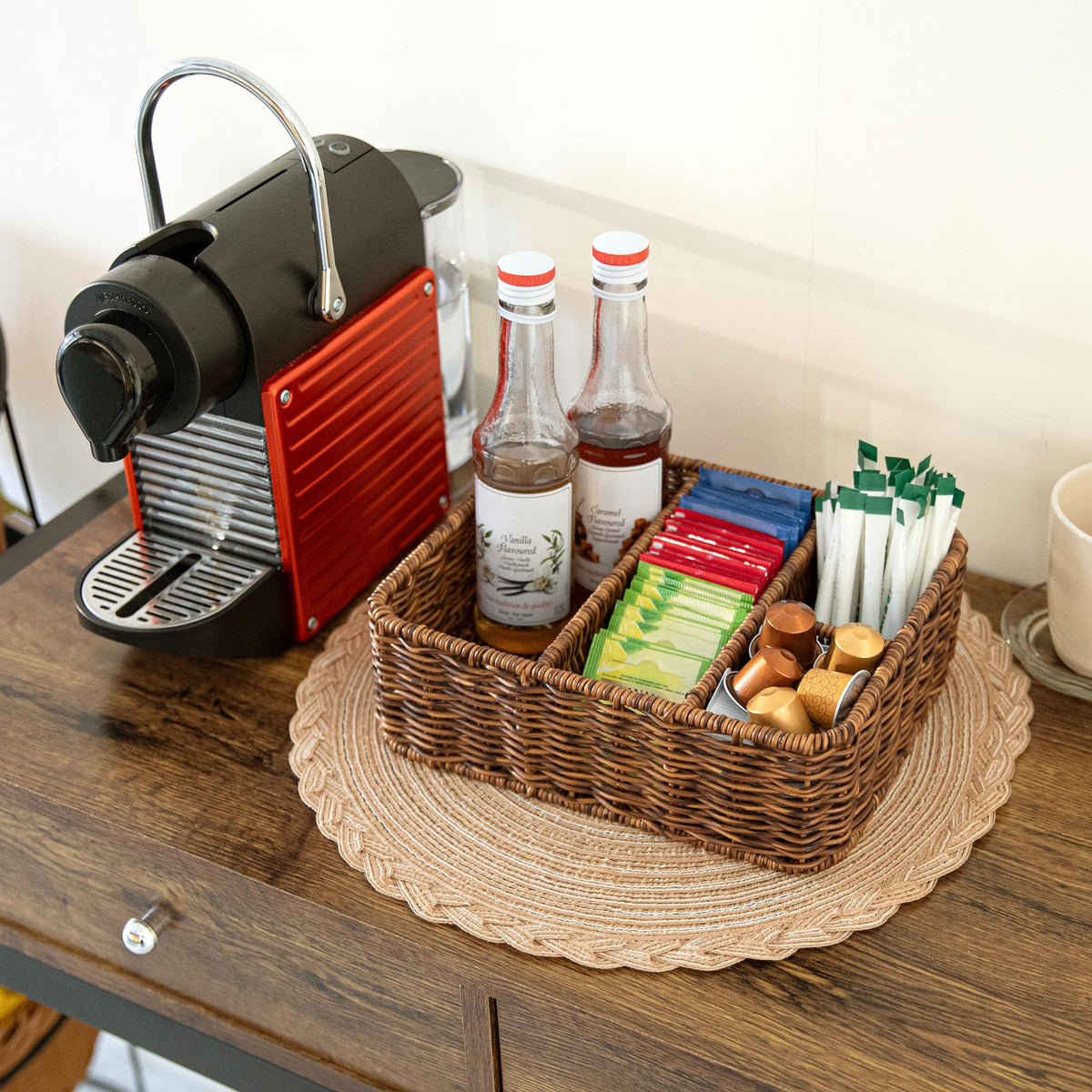 WeeNest Tea Bag Holder Organizer, Sugar Packet Holder, Teabag Basket, Coffee Bar Organizer, Coffee Condiment Accessories, Tea Packet Storage Container for Countertop, Resin Wicker, Toffee