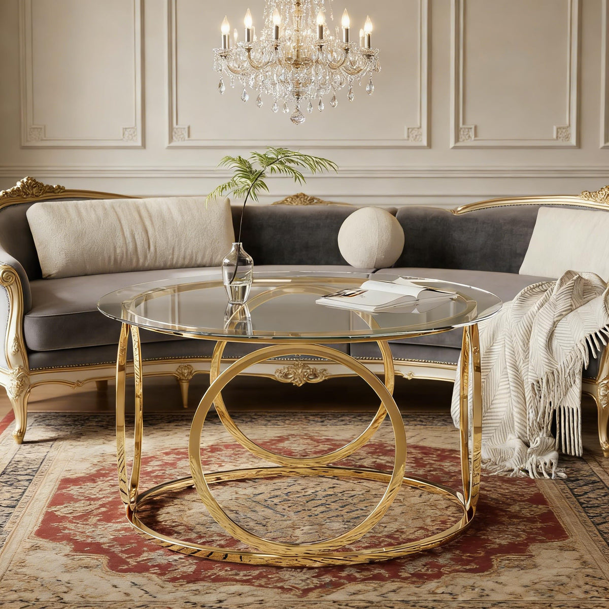 GDFStudio 31.5" Luxury Round Coffee Table with Circular Metal Frame, Tempered Glass Top Modern Coffee Table, Small Round Center Table for Living Room Small Space Office Lounge, Easy Assembly, Gold