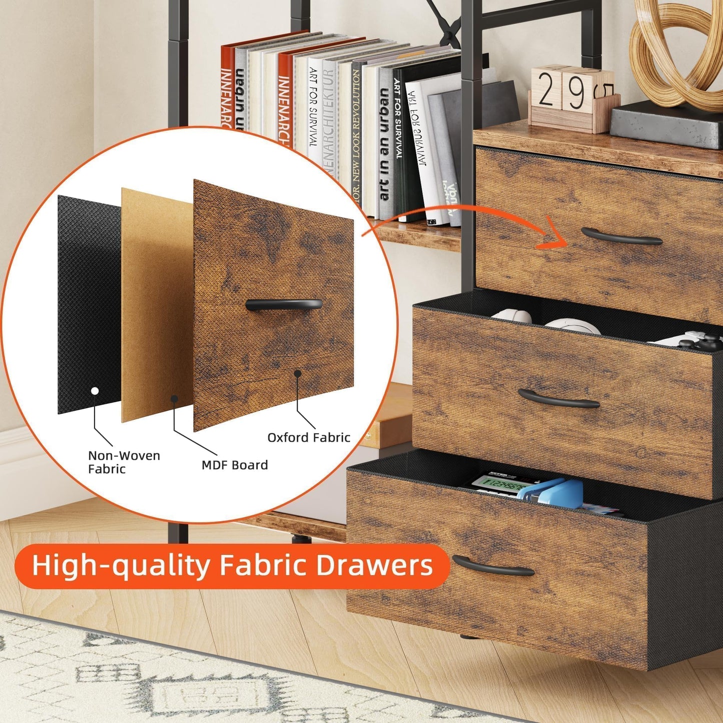 AFLUI Triple Bookshelf with 3 Fabric Drawers, 4-Tier Book Shelf and 10 Display Shelves, Industrial Large Bookcase for Home & Office, Rustic Brown, 47'' Wide