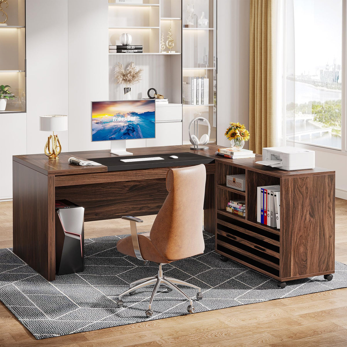 Tribesigns 62.2" Executive Desk with Mobile File Cabinet, L-Shaped Office Desk with Storage Shelves, Large Computer Table Business Workstation Set for Home Office, Dark Brown