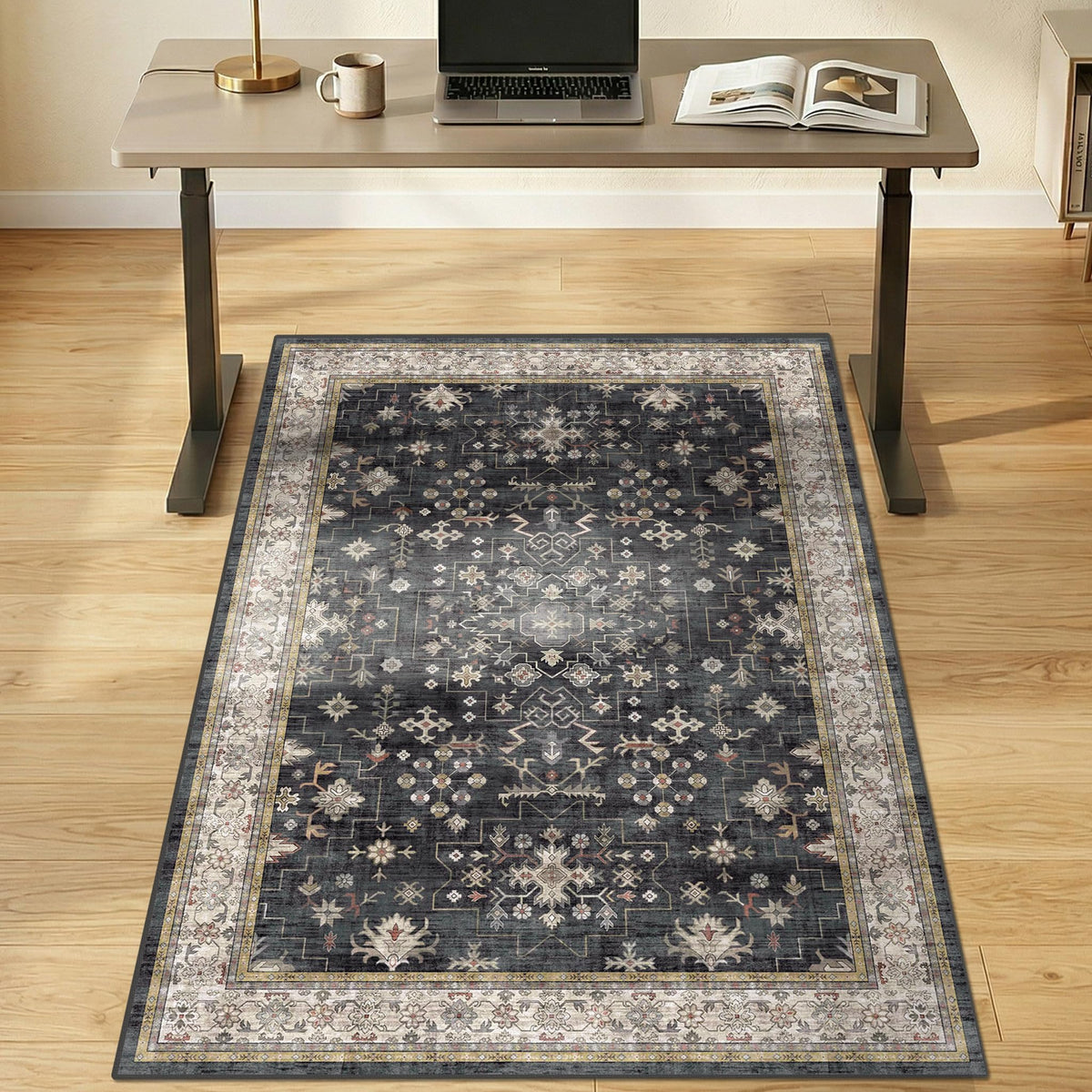 3x4 Black Boho Office Chair Mat for Hardwood Floors - Ultra-Soft Low Pile Desk Rug with Non-Slip Backing, Small 36x48 Computer Chair Area Rug for WFH Comfort and Floor Protection