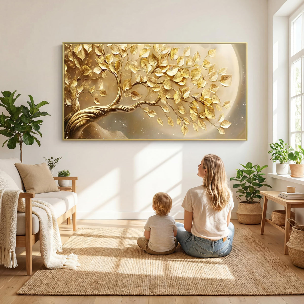 BirdSuite Gold Framed Golden Leaf Money Tree Wall Art, Luxury 3D Effect Canvas Print, Ready to Hang Wall Decor for Living Room Bedroom Office Dining Room Entryway, 58x29 Inch