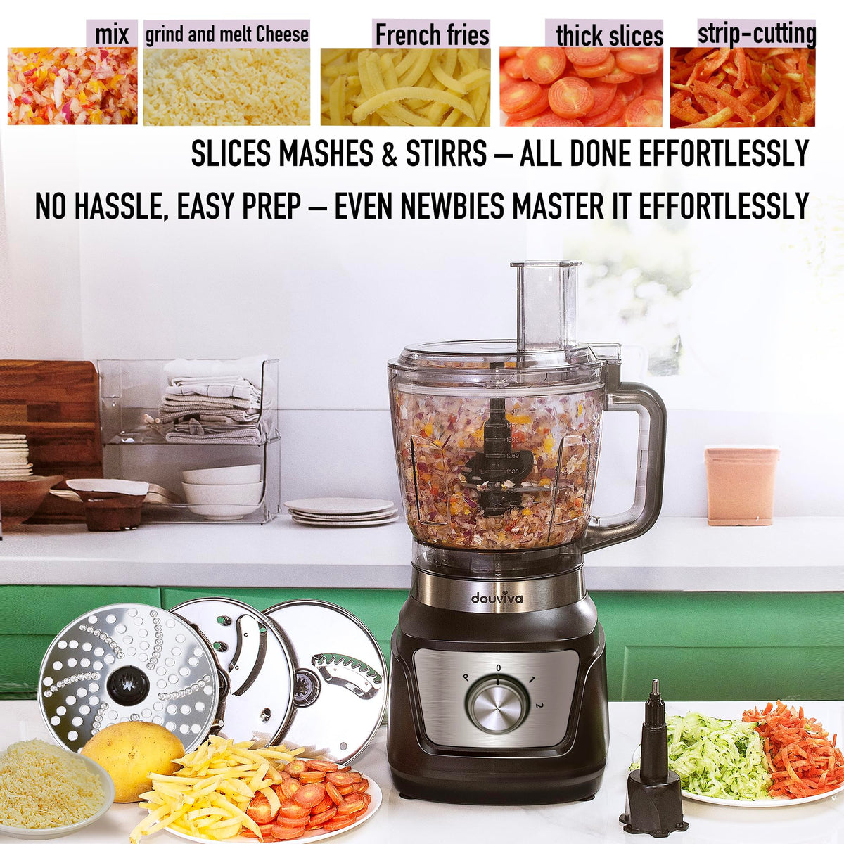 All In One Food Processor Blender Bombo 1000W,8 Cup Food Processor,24oz To-Go Lid Cup, for Smoothies/Shakes/Mixing/Shredding/Slicing/Chopping/Dough/Grinder, Black