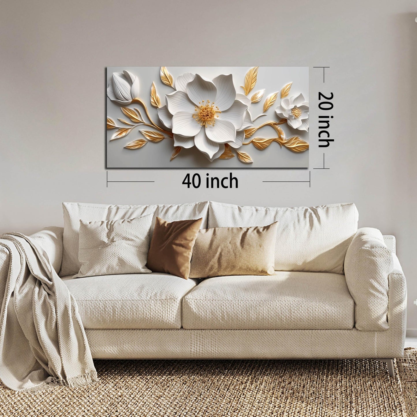 Canvas Wall Art for Living Room Bedroom Office White and Gold Flower Artwork Large Botanical Floral Wall Art Framed Wall Decor Modern Canvas Prints 20x40 In