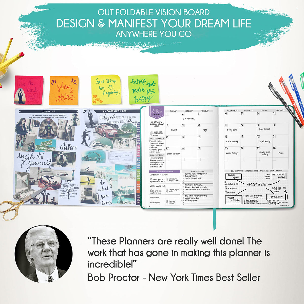 Life Planner - Undated Weekly & Monthly Planner, 12-Month Journey to Increase Productivity | Gratitude Journal, Life Organizer & Goal Journal | Include Foldable Vision Board, Habit Tracker & Stickers
