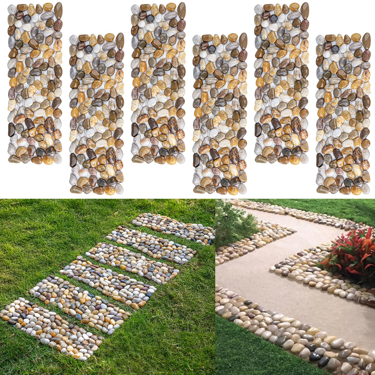6 Pcs River Rock Stepping Stones, 16" L x 5.5" W Rectangles Natural Outdoor Pavers Pebbles Polished Gravel for Garden Walkway Pathway