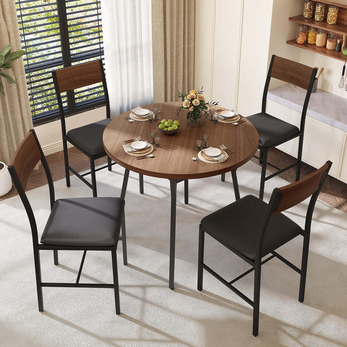 Pamapic Round Dining Table Set for 4, Kitchen Table and Chairs for 4, Dining Room Circle Dinner Pedestal Table, Solid Metal Frame,Space Saving Wood Small Kitchen & Dining Room Furniture,Walnut