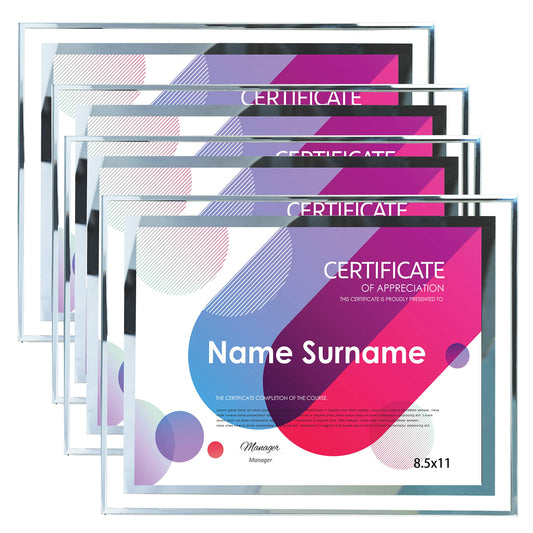 SIMON'S SHOP 4 Pack Picture Frames 8.5 x 11 Frames for Certificates and Awards 8 1/2 x 11 Wall and Tabletop Frame Set, Clear with Silver Trim
