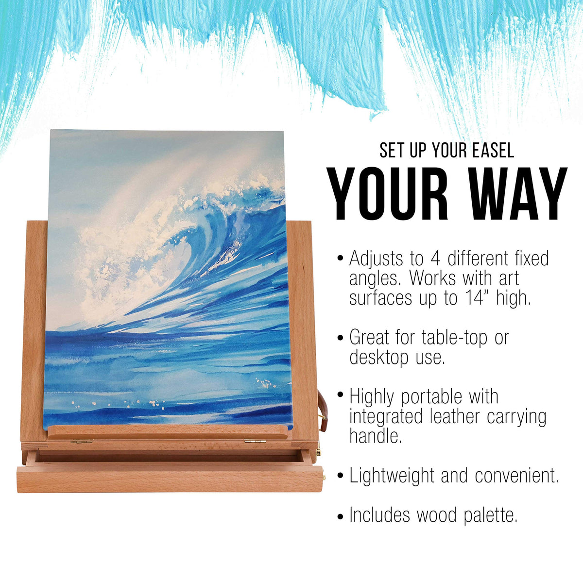 U.S. Art Supply Solana Adjustable Wood Art Easel: Portable Beechwood Tabletop Easel with Storage Drawer & Palette for Painting & Drawing, Artist Desktop