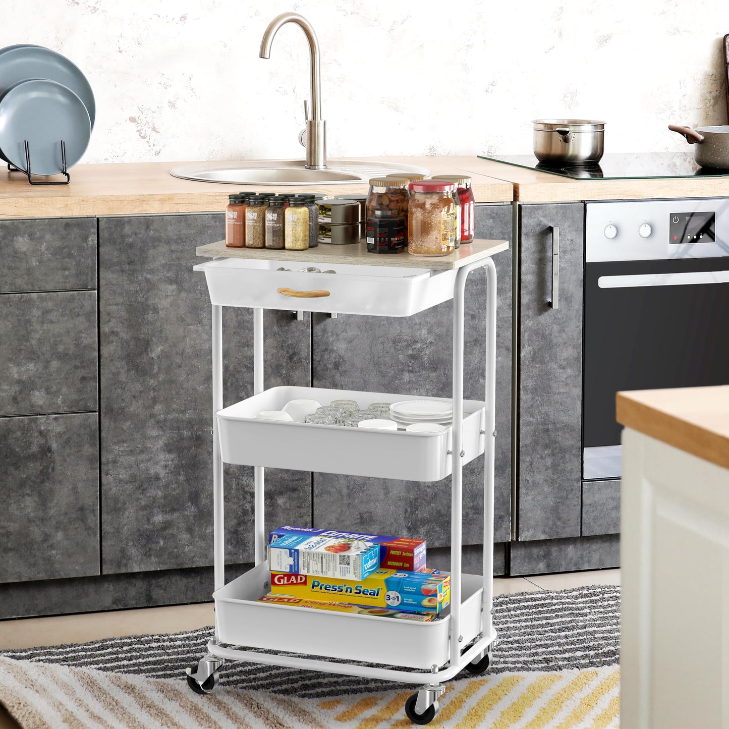 Simple Houseware 3-Tier Rolling Utility Cart with Drawer & Wood Tabletop - Mobile Sofa Side Table, Nightstand, Slim Storage Organizer Trolley for Bedroom, Bathroom, Office & Art Supplies, Maple