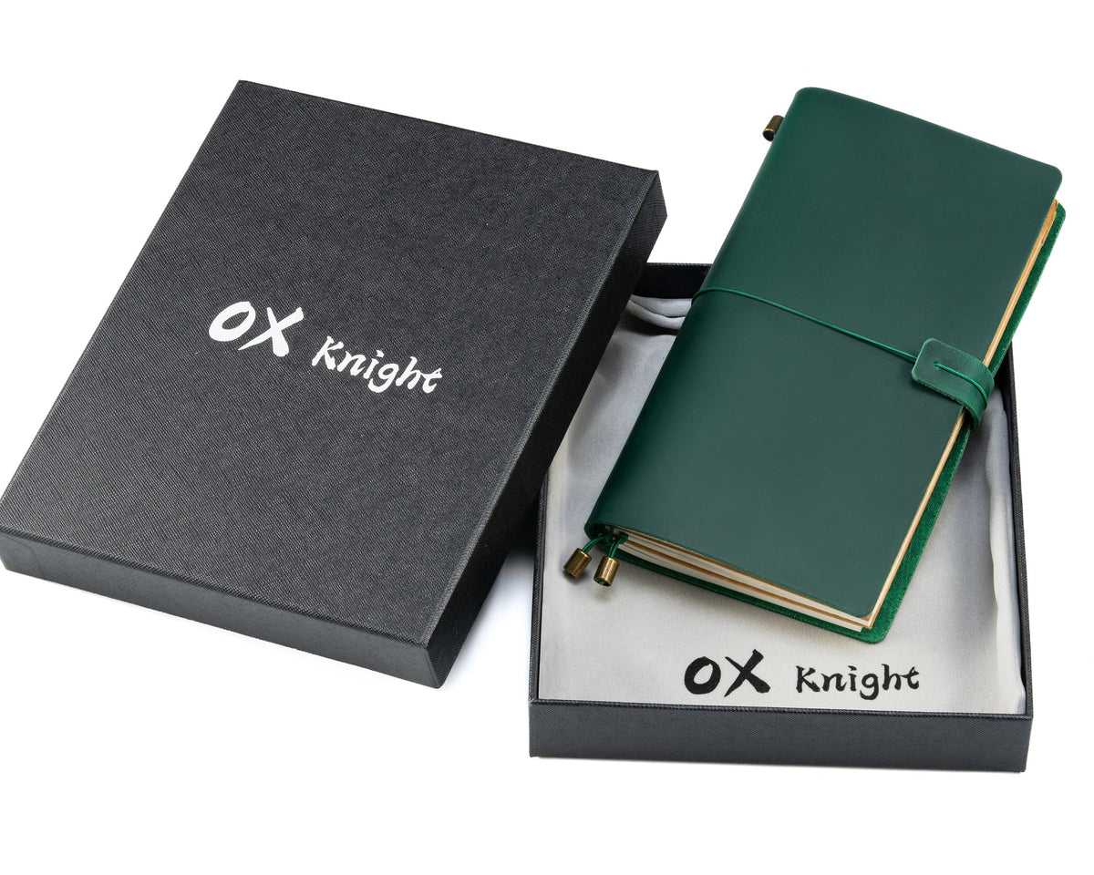 Ox Knight Refillable Leather Travelers Notebook, 8.6 x 4.9 Standard Size Travel Diary for Men and Women, Genuine Leather Travel Journal with 3 Notebook Inserts for Writing, Sketching & Planning, Green