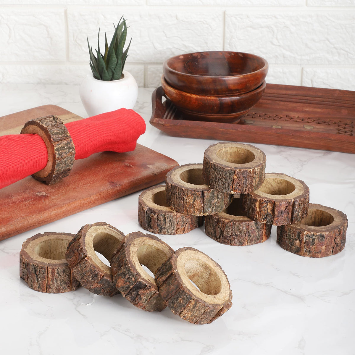 Ajuny Napkin Rings Wooden Set of 12 Handmade 1.5 Inch Decorative Round Shaped Holders with Bark Edge Natural Design for Table Dining Parties Special Occasions Kitchen & Home Decor Gift