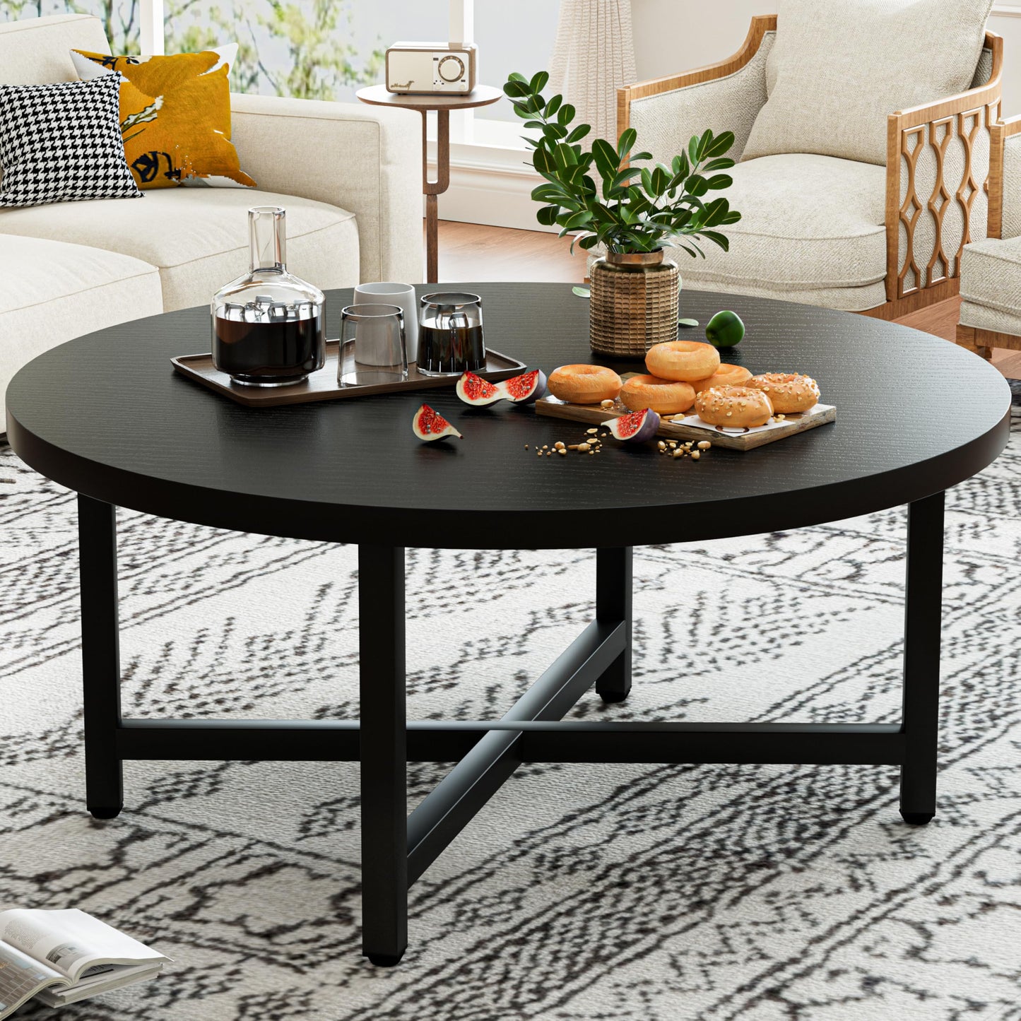 FURMORENE Coffee Table, 31.5" Large Coffee Tables, Black Round Coffee Tables for Living Room, Floor Table for Sitting on The Floor, Center Coffee Table with Metal Frame for Office Apartment Home