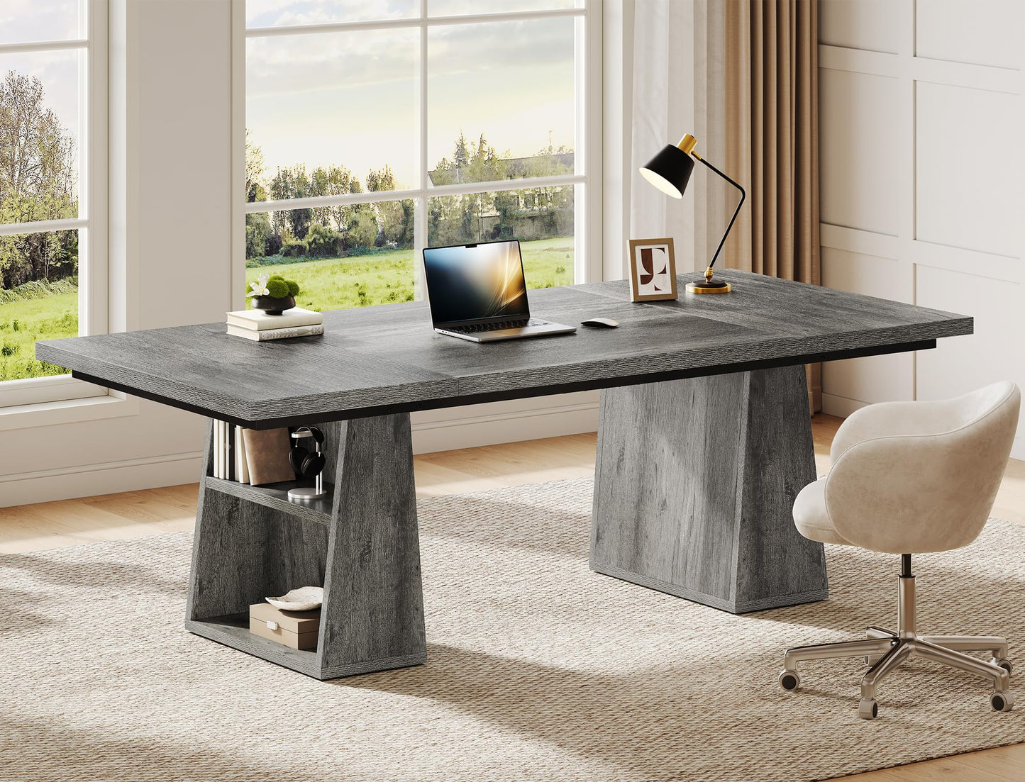 YITAHOME 63" Executive Desk, Large Office Desk Computer Desk with Double Pedestal and Storage Shelves, Wood Simple Workstations Writing Table Conference Table Business Furniture for Home Office, Grey
