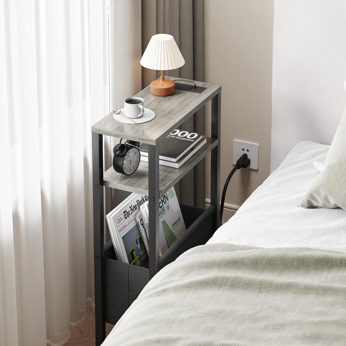 IRCPEN Narrow Side Table with Charging Station Slim End Table Sofa with Magazine Rack, Bedside Table for Small Spaces, 3 Tier Nightstand for Living Room Couch, Bedroom Oak Grey LET503QE