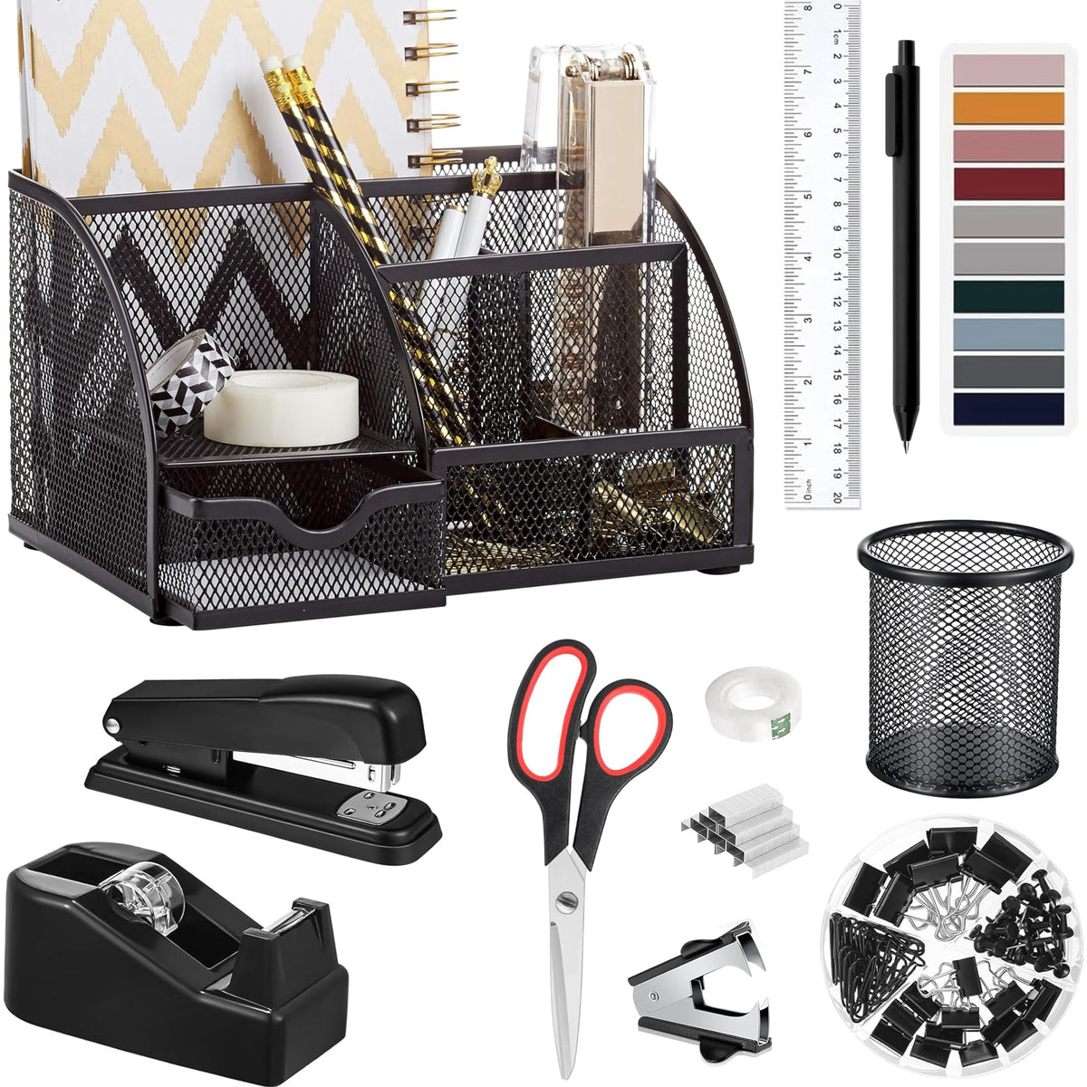 Black Office Desk Accessories Supplies, 12pcs Desk Organizers and Accessories with Tape dispenser and Stapler,Staples,Staple Remover,Pen Holder,Scissor,Ruler,Sticky Tabs,Tape,Ballpoint Pen,Clips Set