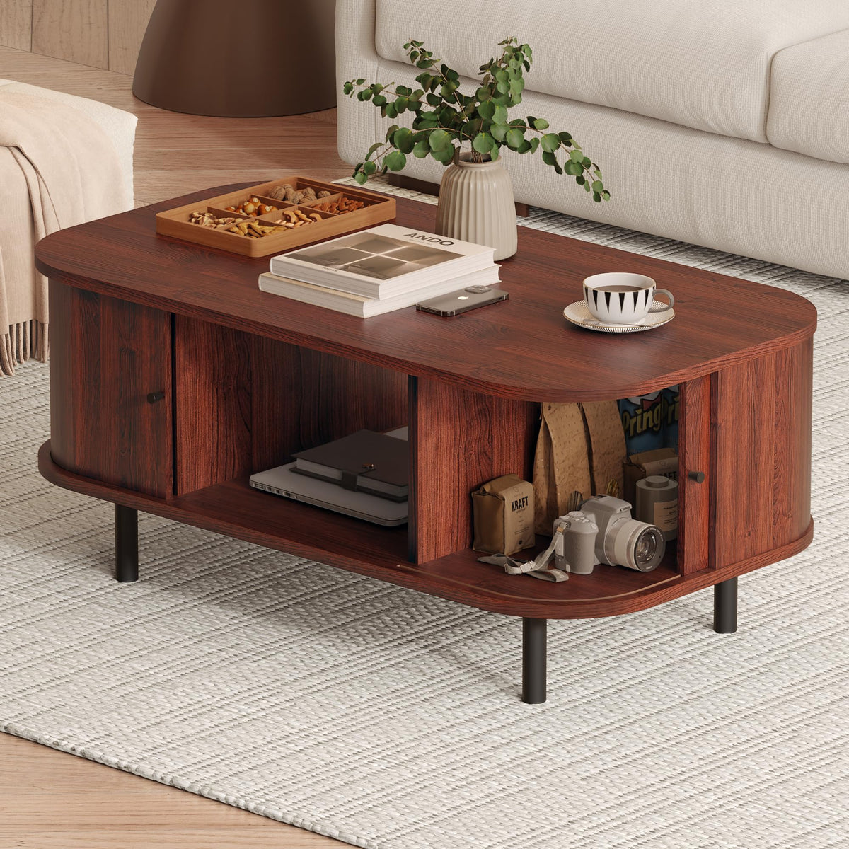 Coffee Table, 39.4" Mid Century Modern Coffee Tables for Living Room, Coffee Table with Storage Open Shelf, Fluted Table with Sliding Cabinet Door, Suitable for Living Room, Home Office, Walnut