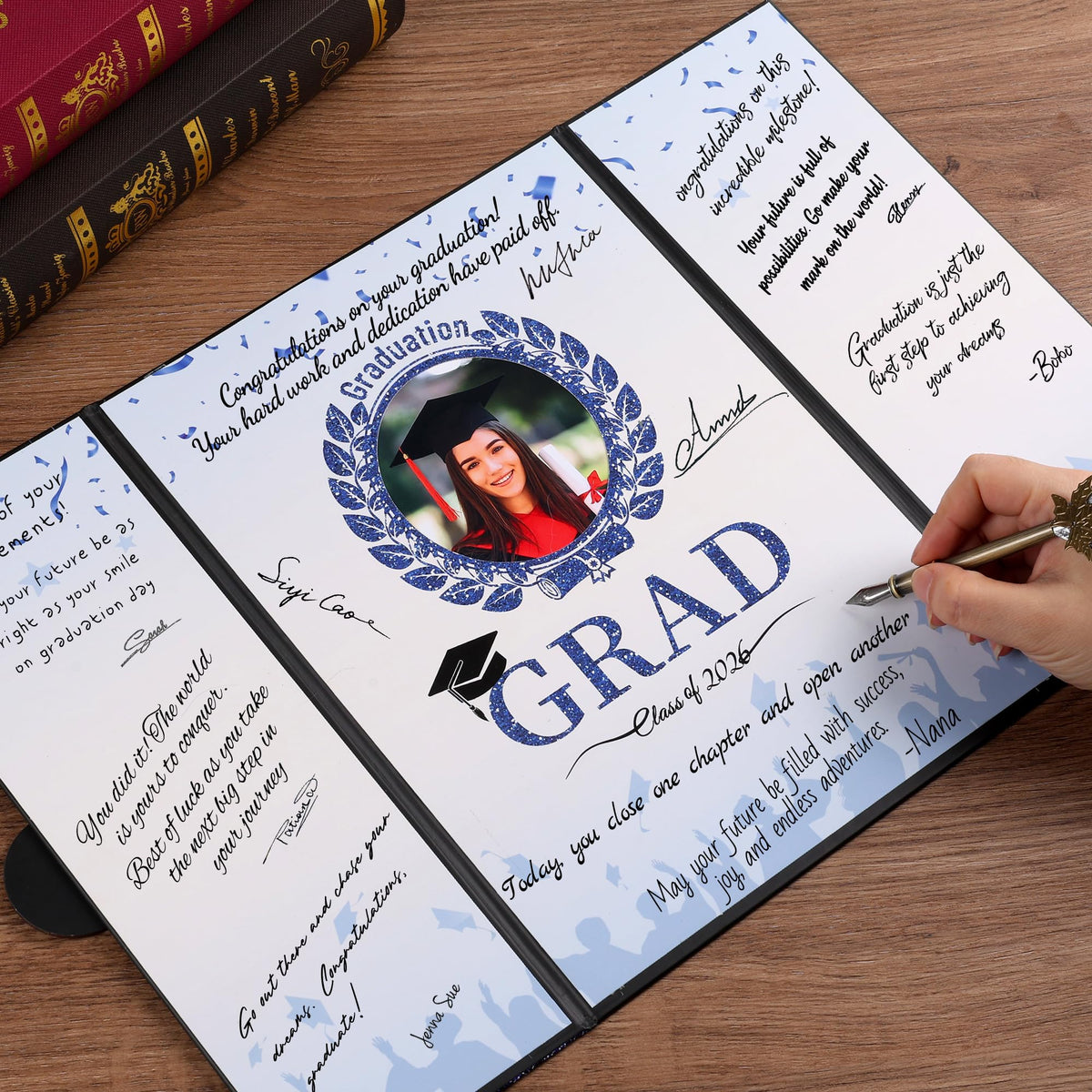 Forwe Graduation Guest Book 2026, Graduation Signature Board Sign in Book with Picture Frame for 4x6 Photo, Class of 2026 Graduation Party Decorations (Black&Blue)