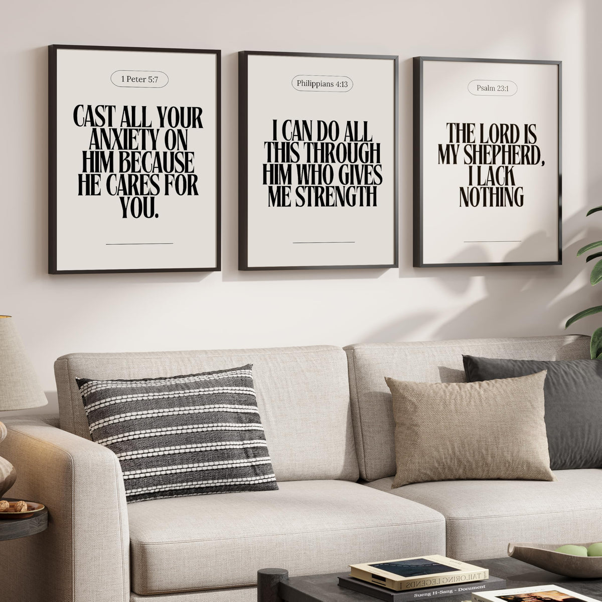 Framed Christian Wall Art Set of 3, Neutral Bible Verse Prints 1 Peter 5 7 Philippians 4 13 Psalm 23 1, Religious Inspirational Scripture Artwork Decor for Living Room Bedroom Prayer Room, 12x16 Inch