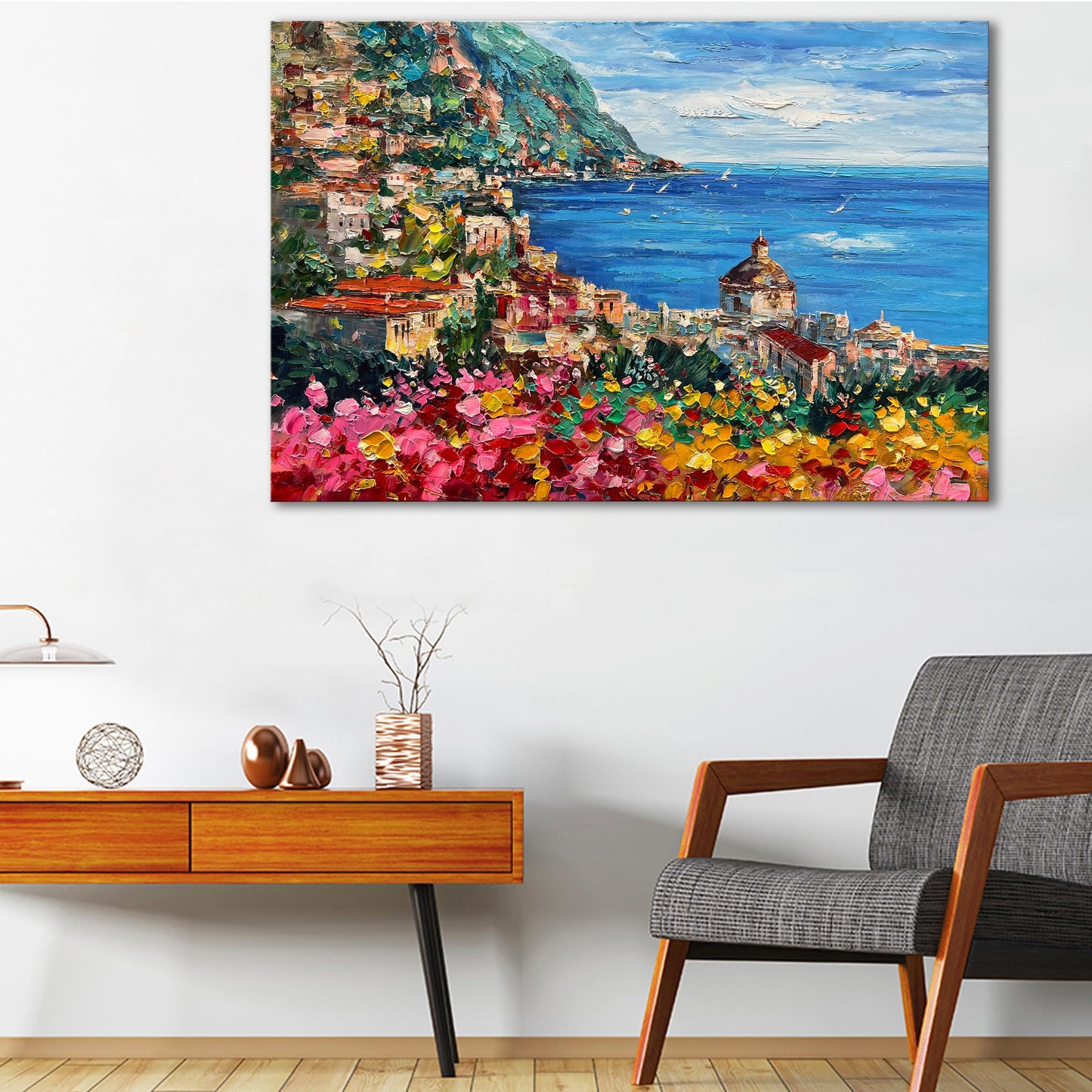 Diathou Art Hand Painted Seaside Town Landscape Oil Painting Modern Abstract Art Home Wall Deco Art 30x45 inches