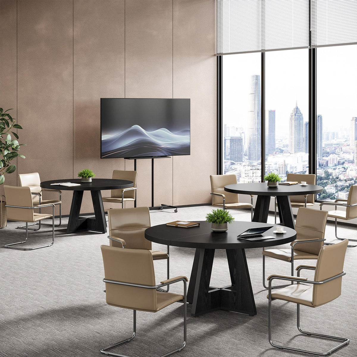Tribesigns 47-Inch Round Conference Table for 4-6 People, Wooden Meeting Room Table with Thicken Tabletop and Wood Base (Black)