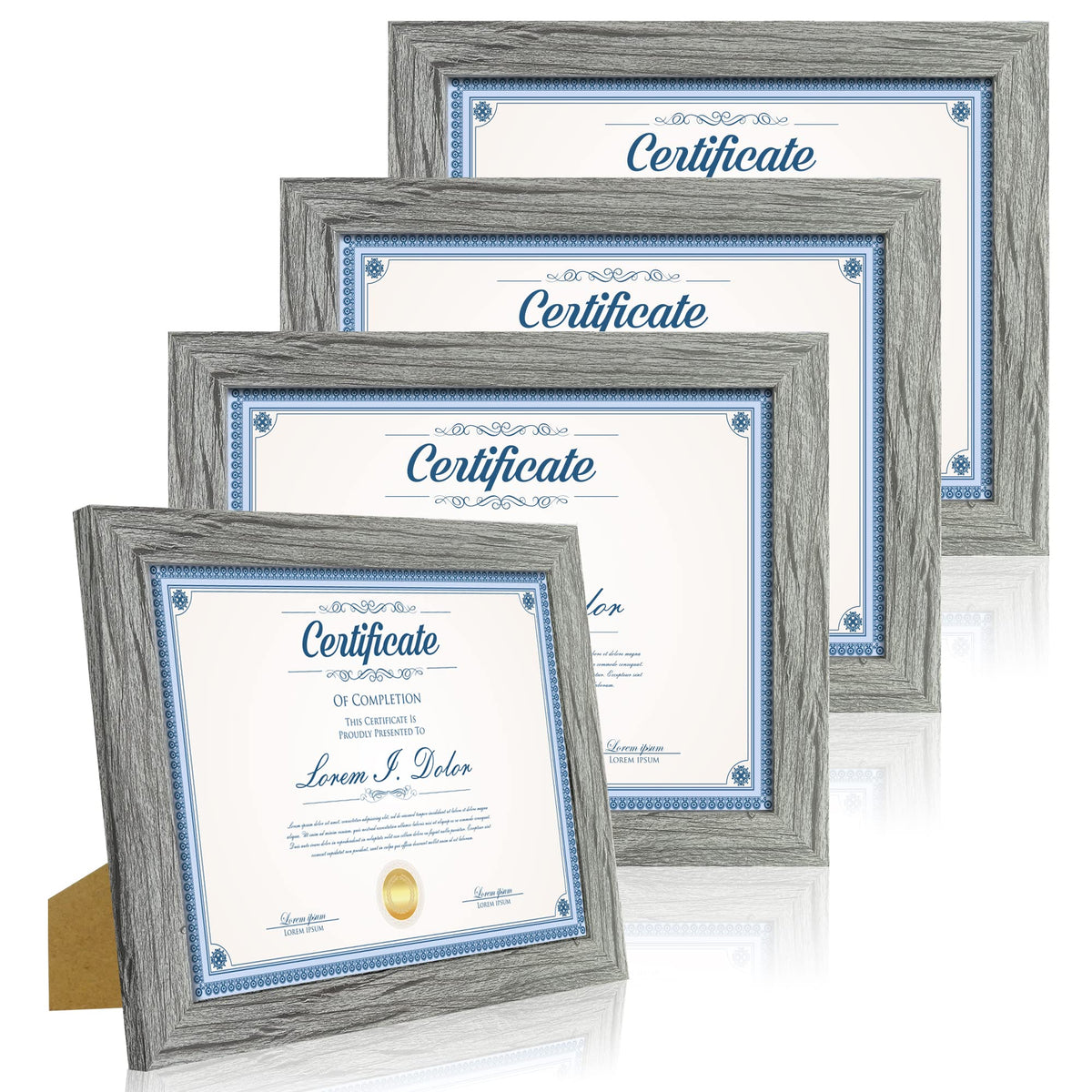 Hongkee 8.5 x 11 Picture Frame Set of 4, Made of Real Glass and Grey Certificate & Diploma Frame, 8.5 by 11 Photo for Wall or Tabletop - Display Picture 6x8 with Mat or 8.5x11 Without Mat