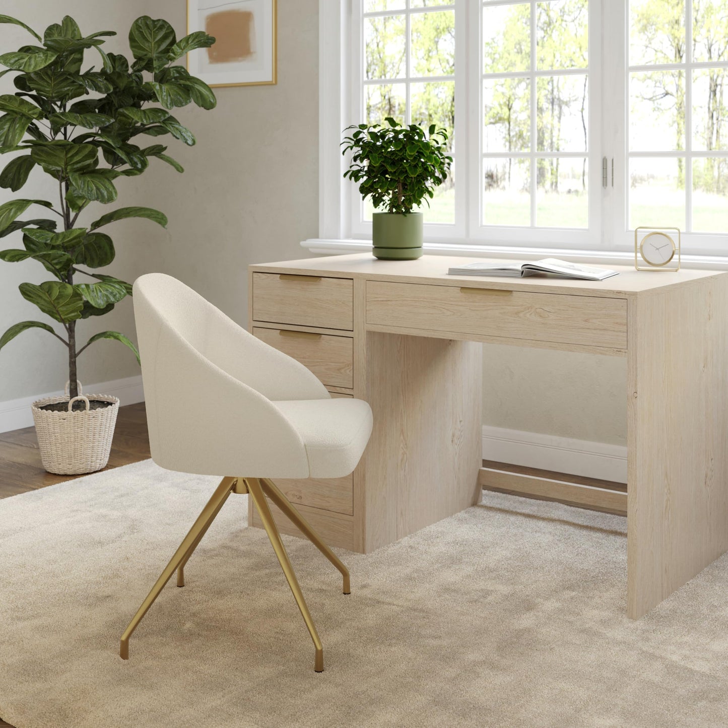 Martha Stewart Sora Stationary Swivel Task Chair with Sloped Arms for Home Office in Off White Boucle with Polished Brass Frame