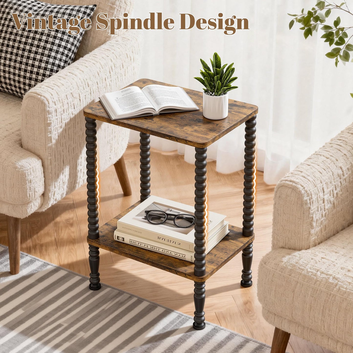 Homedawn Side Table, Small End Table, 2-Tier Nightstand with Storage Shelves, Coffee Table for Small Spaces, Curved Design, Sofa Table for Living Room, Bedroom, Rustic Brown and Black