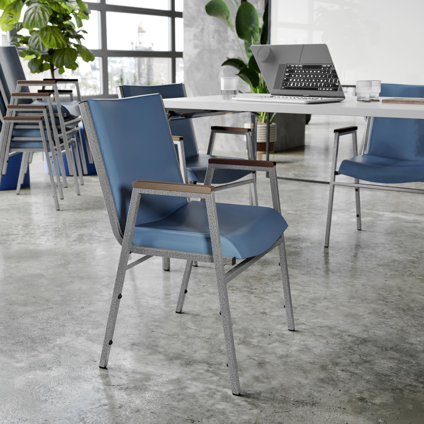 Flash Furniture Hercules Series Heavy Duty Navy Vinyl Stack Chair with Arms and Ganging Bracket