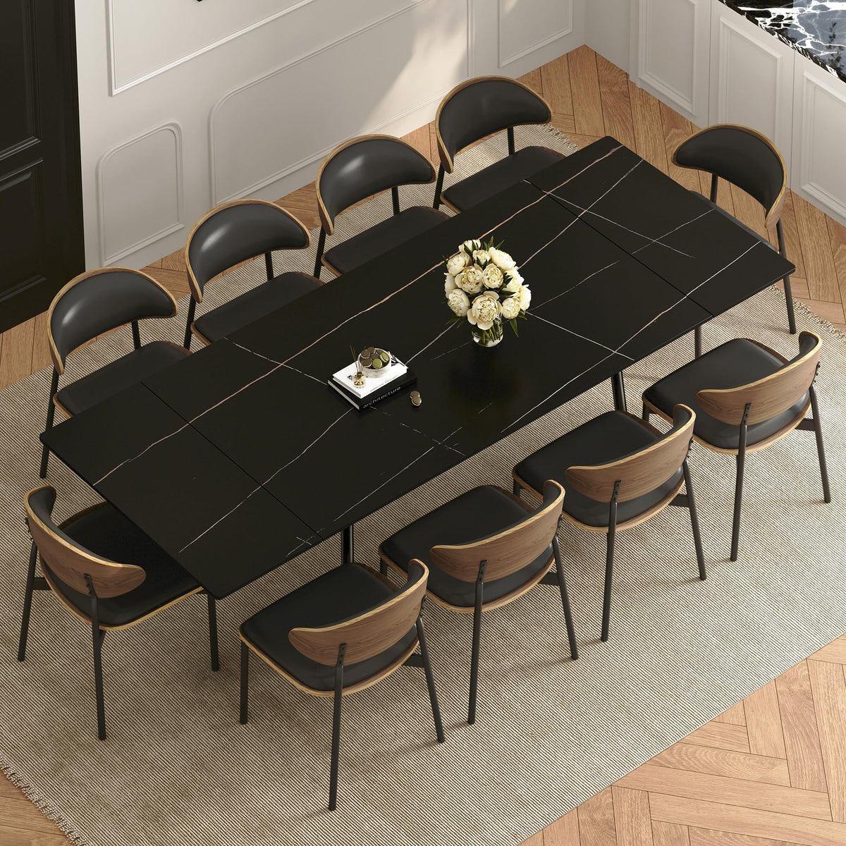 gaoyangjiaju 62.9"-94.4" Modern Extendable Dining Table for 6 to 10 Seats, Rectangular Sintered Stone Table with High Hardness and Easy Maintenance for Dining Room Family Gathering, Black Top