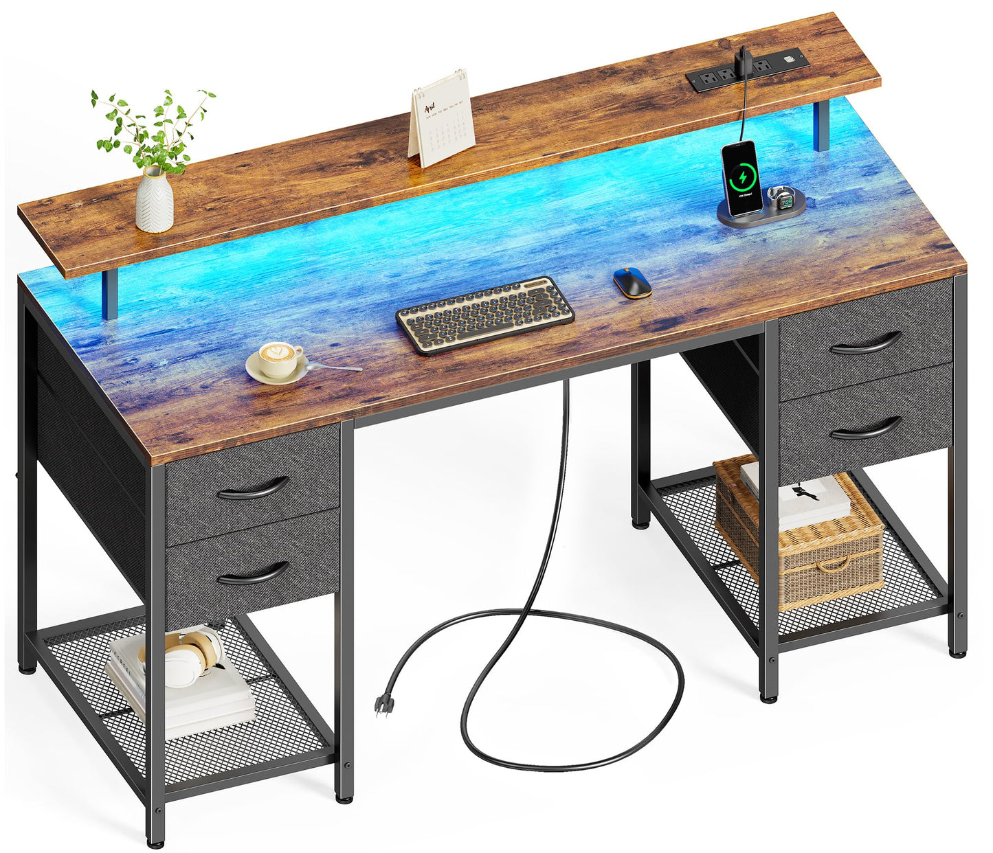 Huuger 55 inch Computer Desk with 4 Drawers, Gaming Desk with LED Lights & Power Outlets, Home Office Desk with Large Storage Space for Bedroom, Work from Home, Rustic Brown