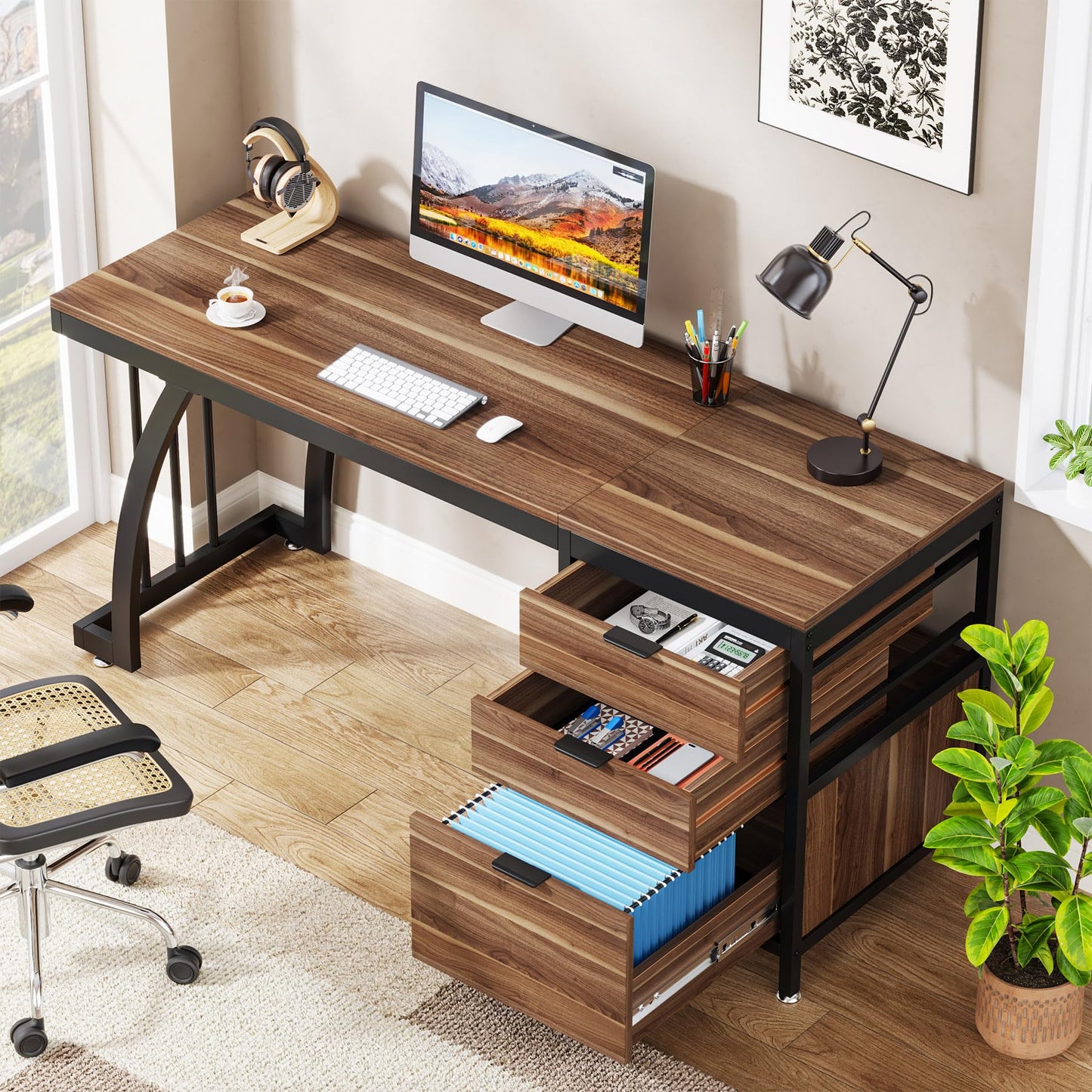 Tribesigns Computer Desk with 3 Drawers, 59-Inch PC Desk with Reversible Drawers, Industrial Study Writing Table Workstation with File Storage for Home Office, Walnut