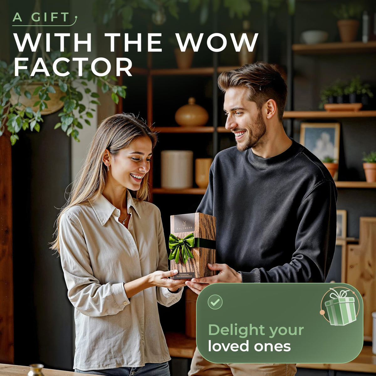 WALDWERK Electric Salt and Pepper Grinder Set (300 mAh Rechargeable Battery) - Salt and Pepper Shakers with Elegant Acacia Wood Stand – Rechargeable Automatic Salt and Pepper Grinder Set