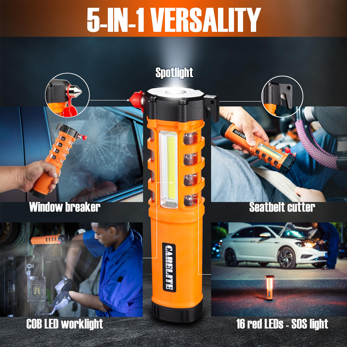 Emergency Car Flashlight with Seatbelt Cutter and Window Breaker, LED Work Light & Flash Beacon, Life-Saving Car Escape Tool for Roadside Safety (Orange)