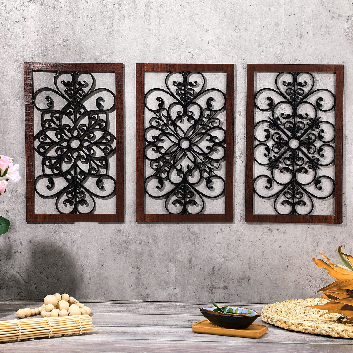 4 Pieces Thicken Rustic Wall Decor Modern Farmhouse Wooden Hollow Carved Design Wall Art for Living Room Bedroom Hallway Decor Office Kitchen Wall Decoration (Traditional Style)