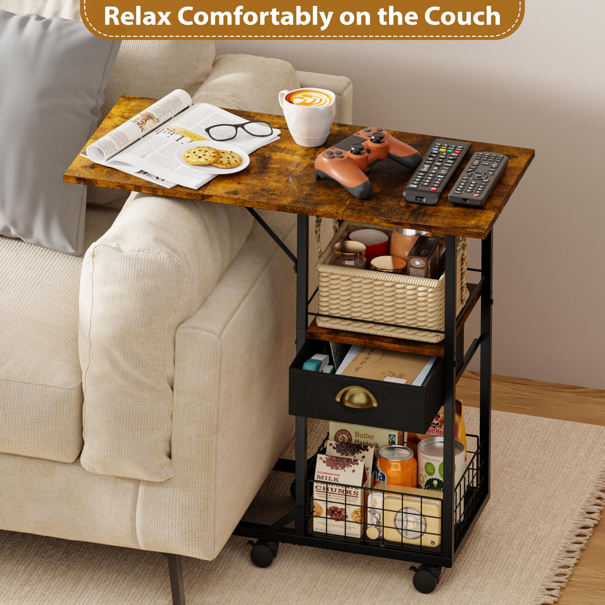 Rolling Coffee Table with Oversized Double-Wide Wood Top, Mobile Tv Tray with Storage Drawer and Wheels for Sofa, Portable Side Table for Living Room, Home Office, Spacious Desk for Working Studying