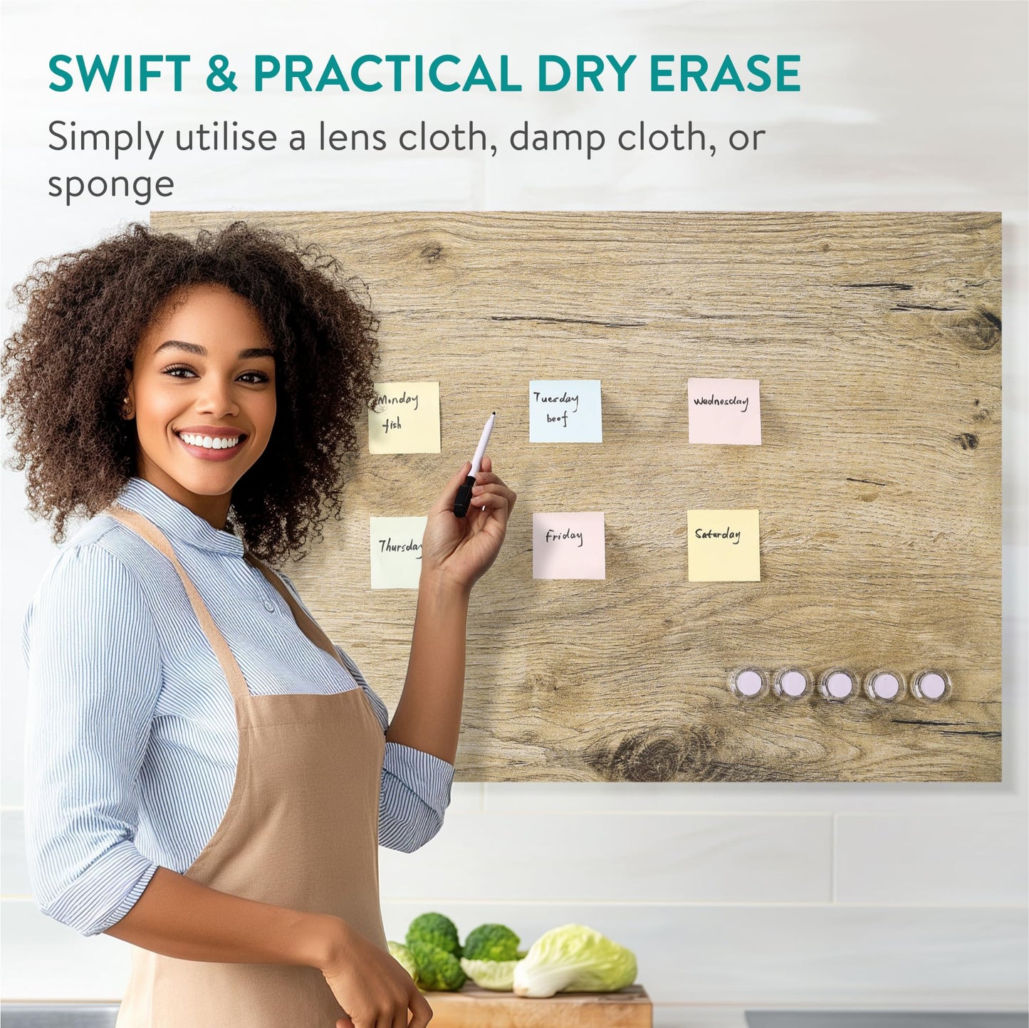 Navaris Frameless Magnetic Memo Board - Easy Installation - Kitchen Magnet Dry Erase Whiteboard - Notice Boards for Wall Use - 36 x 24 Inches - Dark Wood Design with Magnets & Pen