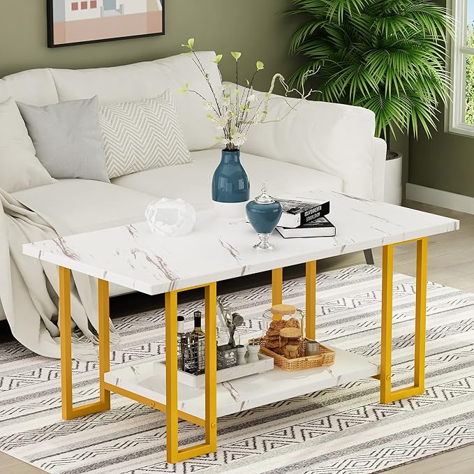 AWQM Marble Coffee Table, Faux Marble Top Rectangular Coffee Table